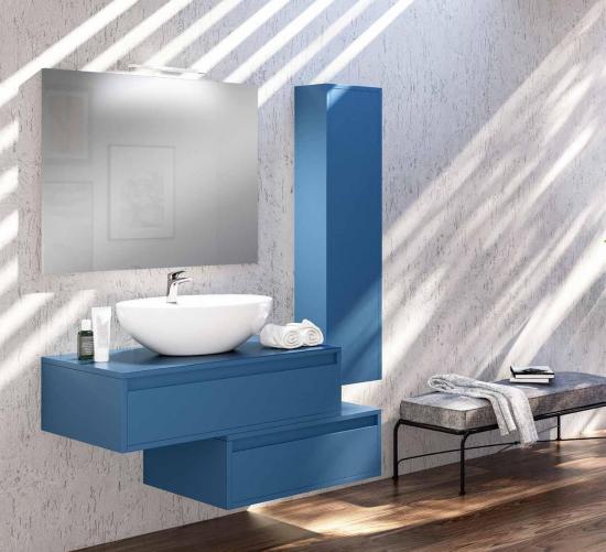 ARREDO BAGNO MOBILE DEEP90AL FINITURA LACCATO OPACO RAL5023 LAVABO APPOGGIO  SPECCHIO  E COLONNA