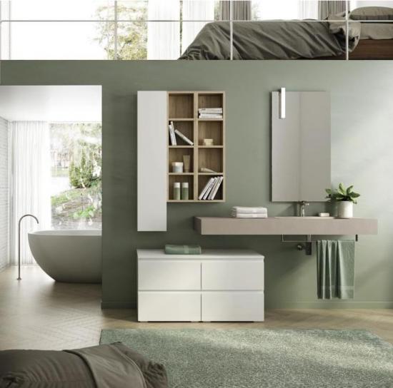 ARREDO BAGNO MOBILE FREEDOM FL29 cm 140+50 ROVERE SABBIA BIANCO LACCATO LUCIDO