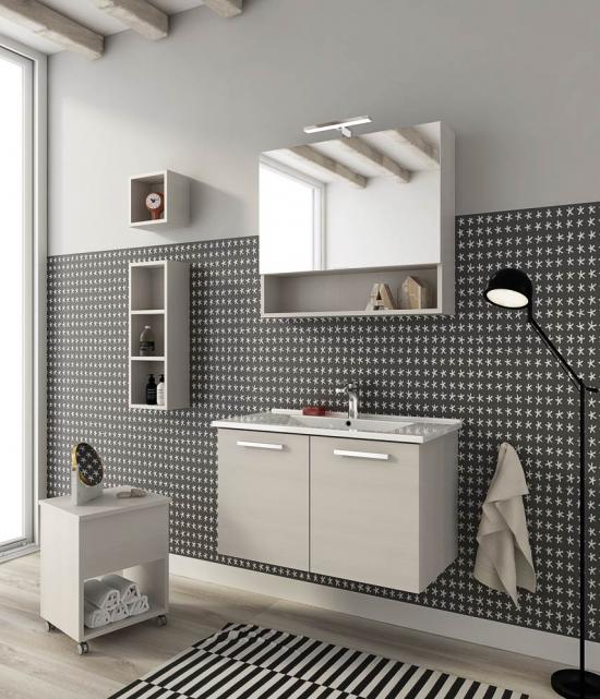 ARREDO BAGNO MOBILE HARLEM H1 cm.85+40 SGABELLO CONTENTORE TRANCHE' ROVERE BIANCO
