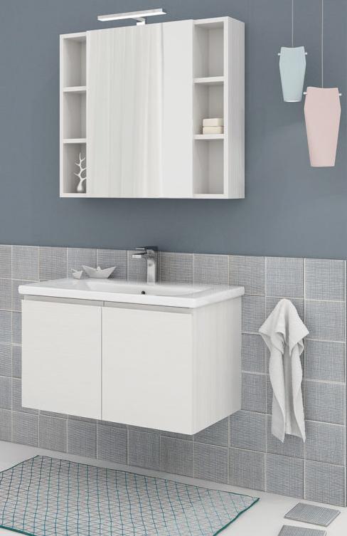 ARREDO BAGNO MOBILE SOFT 02 cm.80 SPECCHIO CONTENITORE TFINITURA BIANCO LARIX