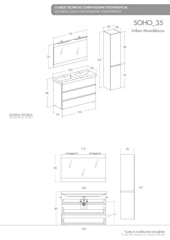 ARREDO BAGNO MOBILE SOHO S35 DOPPIO LAVABO cm.120 + 35 ROVERE NODATO - CEMENTO