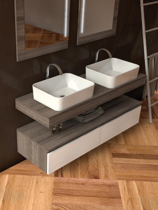 ARREDO BAGNO MOBILE URBAN UC04 cm 140 DOPPIO LAVABO TRANCHE ROVERE SCURO E CHIARO