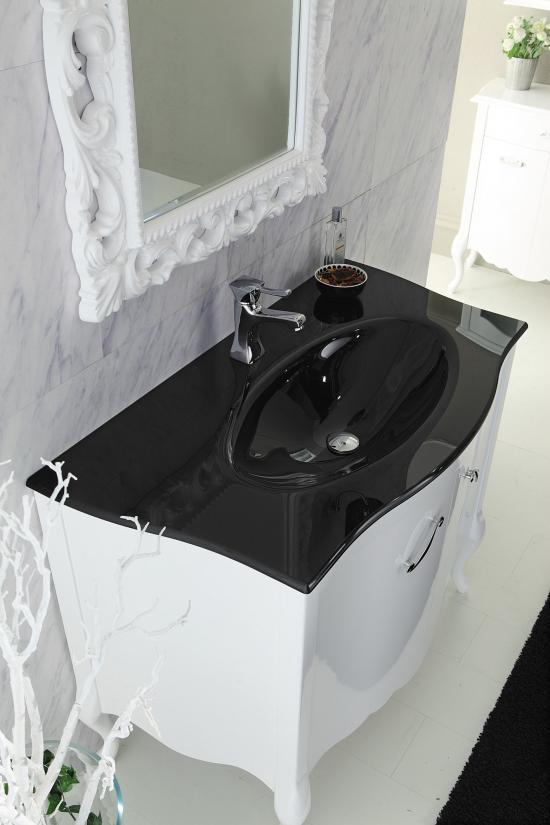 ARREDO BAGNO NARCISO  01 cm.109 BIANCO LUCIDO E CONSOLLE CRISTALLO NERO
