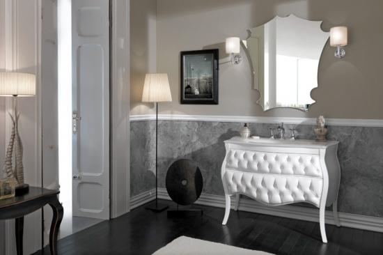 ARREDO BAGNO VANITY CAPITONNE' PELLE cm.109 BIANCO LUCIDO E TOP CRISTALLO