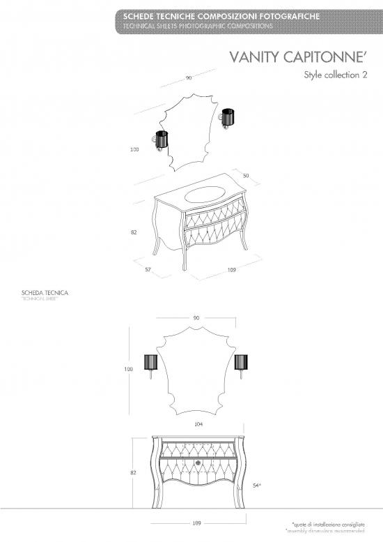 ARREDO BAGNO VANITY CAPITONNE' PELLE cm.109 BIANCO LUCIDO E TOP CRISTALLO