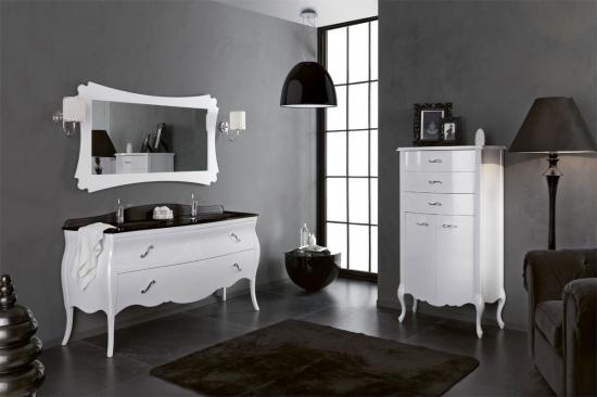 ARREDO BAGNO VANITY DUETTO 03 cm.165 FINITURA BIANCO LUCIDO  E CONSOLLE CRISTALLO NERO LAVABI INTEGRATI