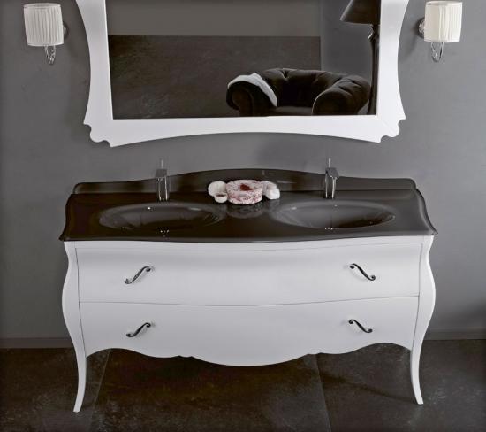 ARREDO BAGNO VANITY DUETTO 03 cm.165 FINITURA BIANCO LUCIDO  E CONSOLLE CRISTALLO NERO LAVABI INTEGRATI