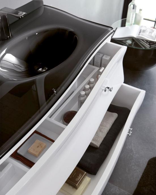 ARREDO BAGNO VANITY DUETTO 03 cm.165 FINITURA BIANCO LUCIDO  E CONSOLLE CRISTALLO NERO LAVABI INTEGRATI