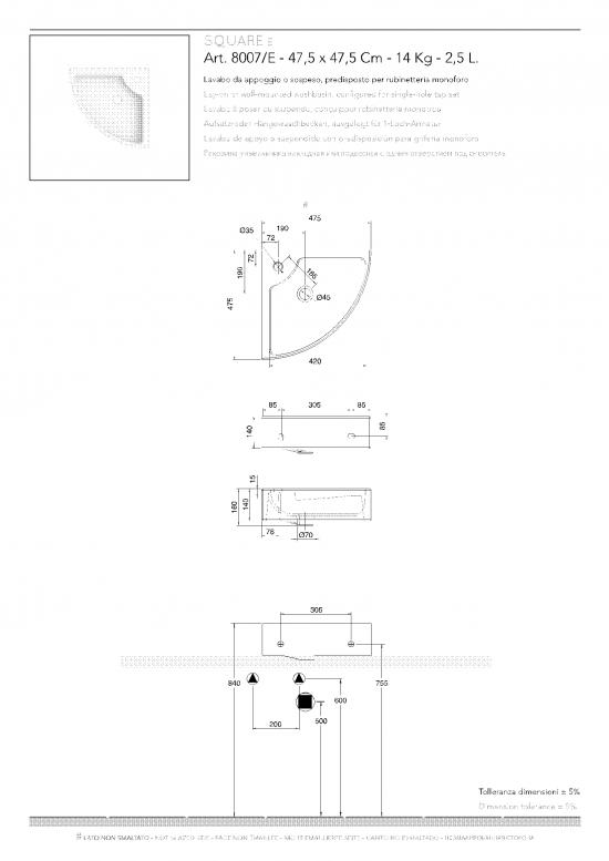 LAVABO ANGOLO DA APPOGGIO O SOSPESO SQUARE E CM. 47,5X47,5 CERAMICA BIANCO