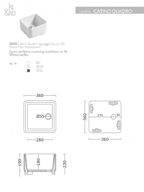 LAVABO DA APPOGGIO/SEMINCASSO CATINO QUADRO FLY CM.36X36 H.19/23 CERAMICA BIANCO