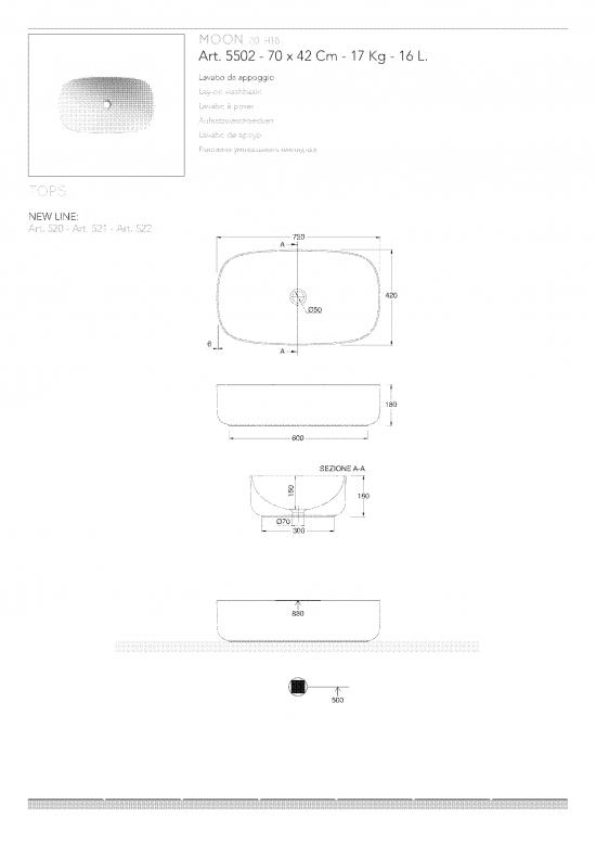 LAVABO DA APPOGGIO MOON 70 CM. 70X42 H.18 CERAMICA BIANCO