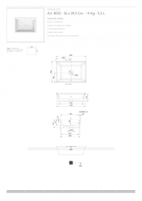 LAVABO DA INCASSO SOPRAPIANO RETTANGOLARE GAIA 50 CM. 56 X 39,5 CERAMICA BIANCO