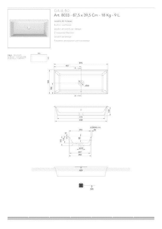 LAVABO DA INCASSO SOPRAPIANO RETTANGOLARE GAIA 80 CM. 87,5 X 39,5 CERAMICA BIANCO