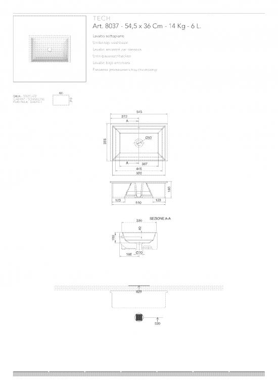 LAVABO DA INCASSO SOTTOPANO TECH CM. 54,5X36 CERAMICA BIANCO