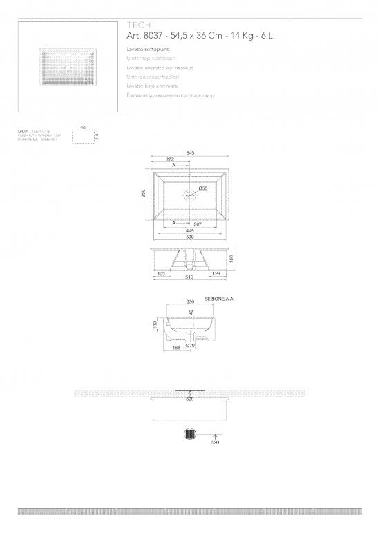 LAVABO DA INCASSO SOTTOPANO TECH CM. 54,5X36 CERAMICA BIANCO