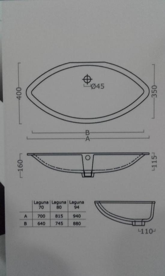 LAVABO INCASSO SOTTOPIANO LAGUNA CM.80X40 CERAMICA BIANCO