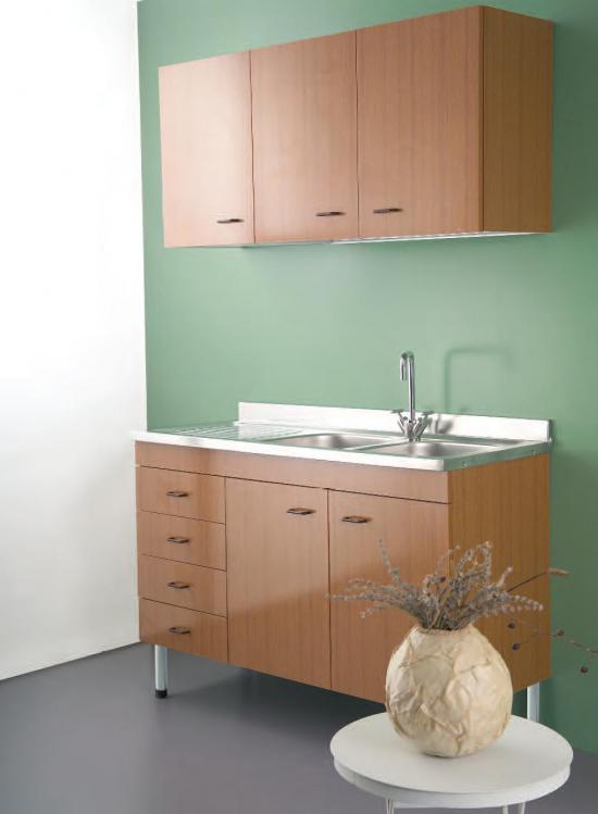LAVELLO INOX 120X50 CON MOBILE 2 ANTE 4 CASSETTI LADY TEAK O BIANCO CON PENSILE E SCOLAPIATTI