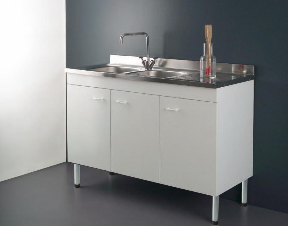 LAVELLO INOX 120X50 DUE VASCHE E SCOLAPIATTI CON MOBILE 3 ANTE LADY BIANCO  O TEAK