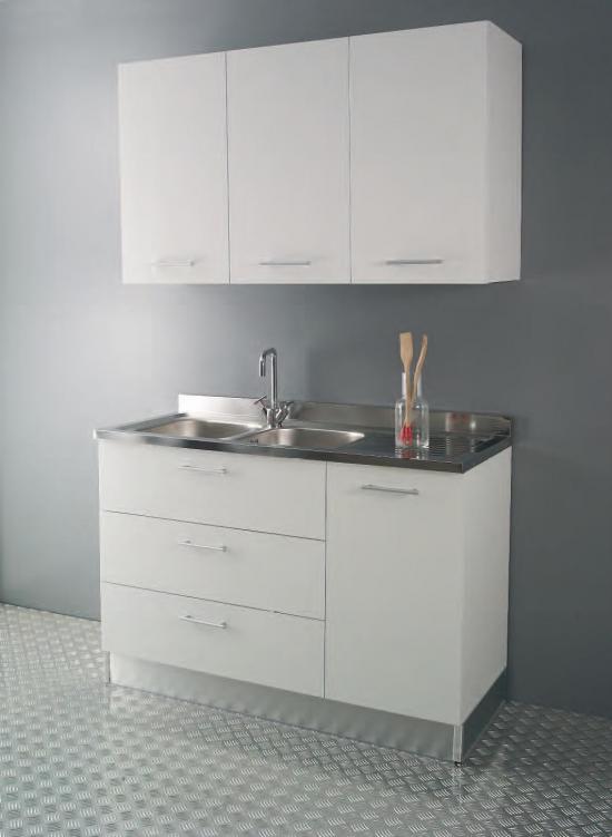 LAVELLO INOX 120X60 MOBILE 1 ANTA 2 CASSETTONI BIANCO C/PENSILE E SCOLAPIATTI