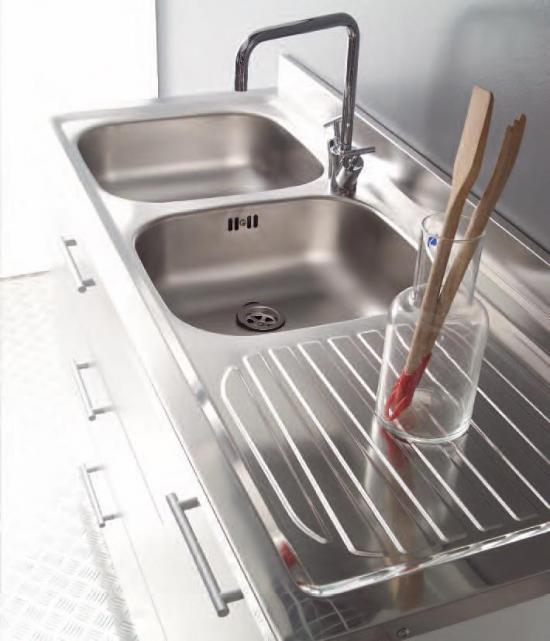 LAVELLO INOX 120X60 MOBILE 1 ANTA 2 CASSETTONI BIANCO C/PENSILE E SCOLAPIATTI