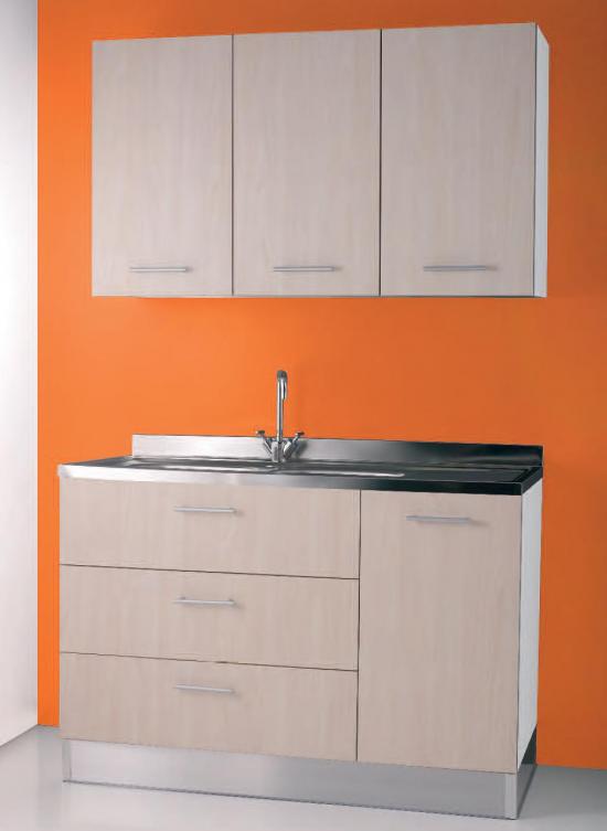 LAVELLO INOX 120X60 MOBILE 1 ANTA 2 CASSETTONI FRASSINO CON PENSILE E SCOLAPIATTI