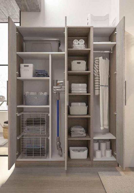 MOBILE COLONNA CON CESTONI ESTRAIBILI VANO PORTASCOPE APPENDIABITI E RIPIANI cm.140 ROVERE  TRANCHE' SCURO E CEMENTO