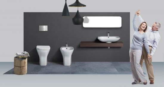 SANITARI H.47 TERZA ETA' ANZIANI EVOLUTION47 WC+SEDILE +BIDET FILO MURO A TERRA