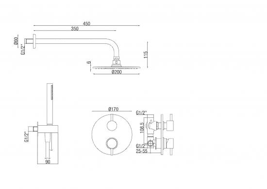 SET COMPLETO DOCCIA KD111 SOFFIONE 200 MM CON MISCELATORE 2 VIE MADE IN ITALY