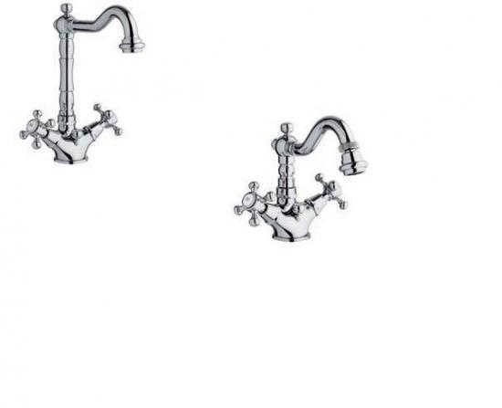 SET RUBINETTI MONOFORO CANNA GIREVOLE OLD LAVABO E BIDET DUETTO CROMO MADE ITALY