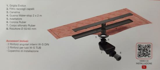 SISTEMA IMPERMEABILIZZAZIONE 4 MQ E SCARICO DOCCIA EVOLUX LISA DARK CANALINA 60X7