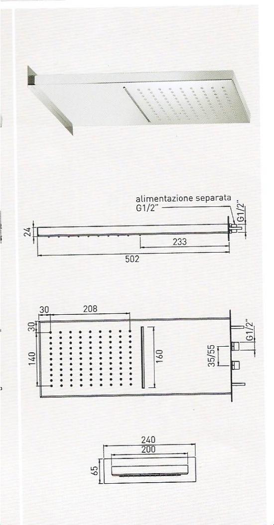 SOFFIONE GEMELLI CON CASCATA RETTANGOLARE IN ACCIAIO INOX H.23MM 502X200MM