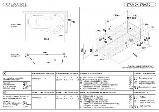 VASCA 170X70/85 STAR TELAIO PANNELLO IDROMASSAGGIO WHIRLPOOL CROMOTERAPIA