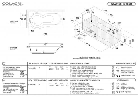 VASCA 170X70/85 STAR TELAIO PANNELLO IDROMASSAGGIO WHIRLPOOL CROMOTERAPIA