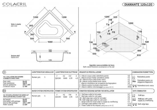 VASCA ANGOLO 120X120 DIAMANTE TELAIO PANNELLO IDROMASSAGGIO WHIRLPOOL CROMOTERAPY