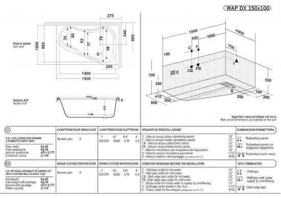 VASCA ANGOLO 150X100 WAP TELAIO PANNELLO IDROMASSAGGIO WHIRLPOOL CROMOTERAPIA