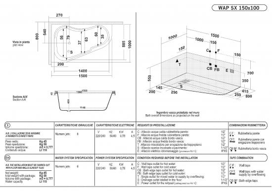 VASCA ANGOLO 150X100 WAP TELAIO PANNELLO IDROMASSAGGIO WHIRLPOOL CROMOTERAPIA