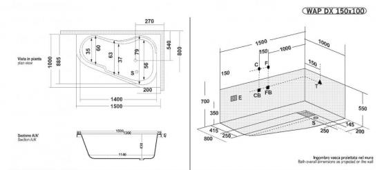 VASCA ANGOLO 150X100 WAPBOX  IDROMASSAGGIO WHIRLPOOL CROMOTERAPIA RUBINETTERIA