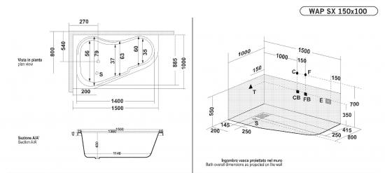 VASCA GUSCIO ANGOLARE ASIMMETRICA WAP CM.150X100 BIANCA DA INCASSO O MURARE DX O SX
